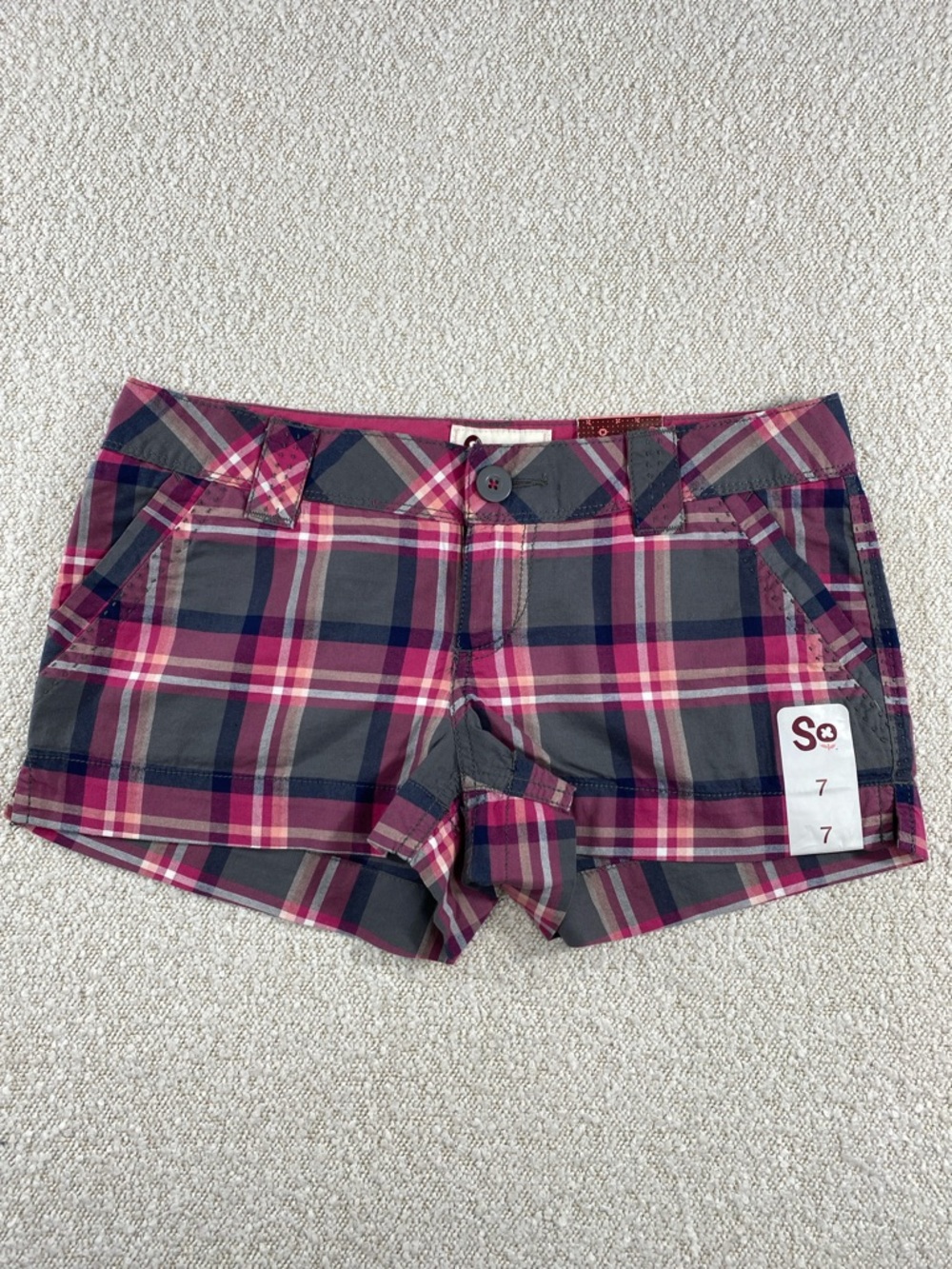 SO Pink and Gray Plaid Women's Jean Shorts